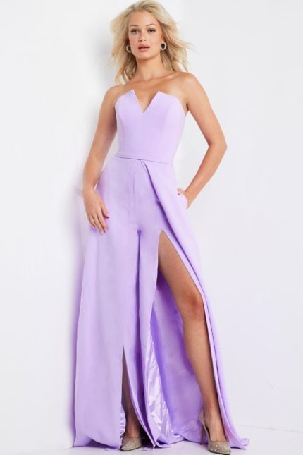 model wearing 23150 lilac dress with a strapless neckline and high slit