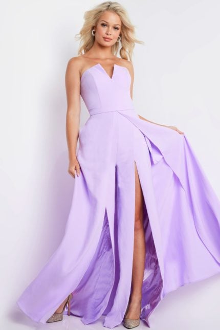 Model wearing Jovani 23150 lilac gown with sweetheart neckline and high slit.