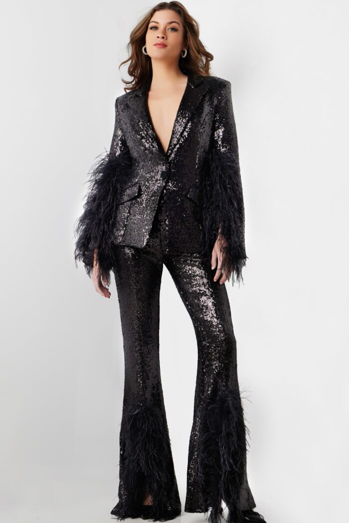 Model wearing Black Sequin Two Piece Contemporary Suit 23162