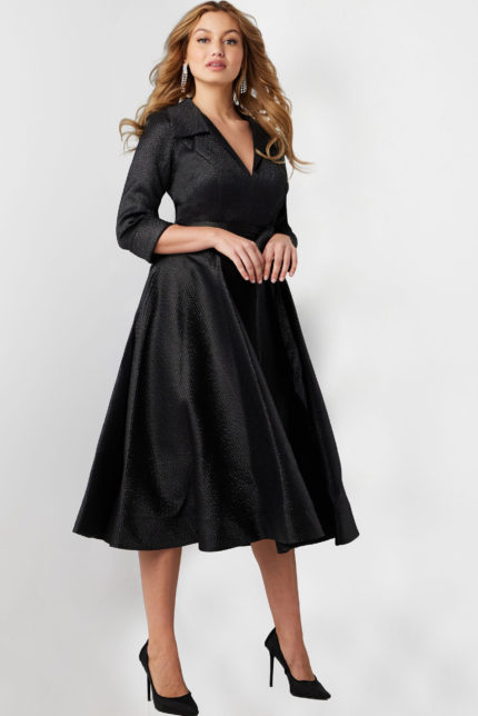 model wearing 23176 black dress with V-neckline and three-quarter sleeves, front view