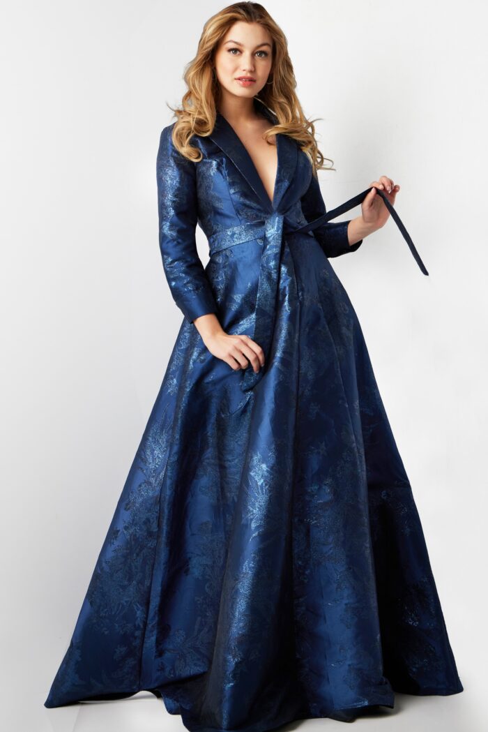 Model wearing Navy Three Quarter Sleeve A Line Gown 23178