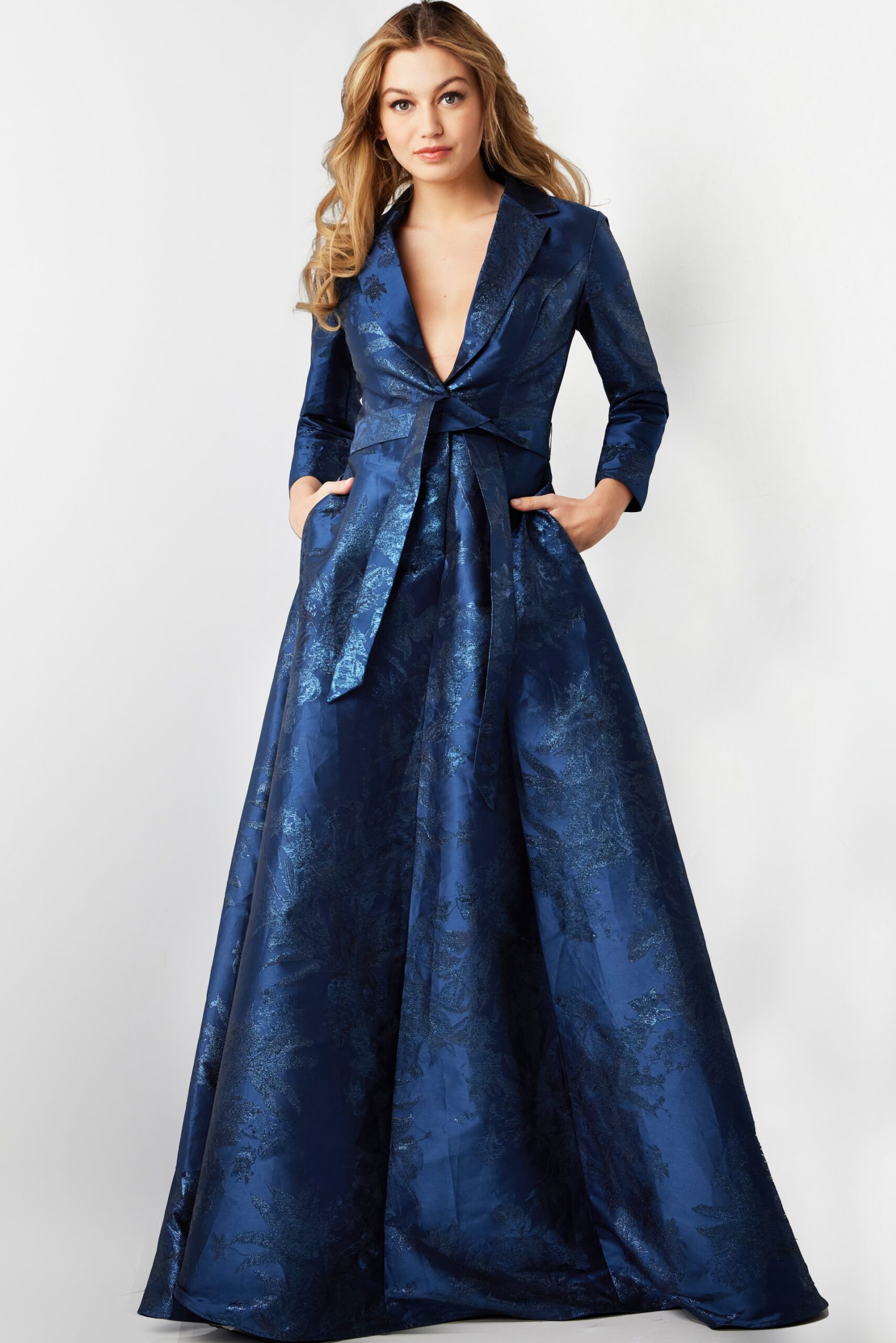 Model wearing Navy Three Quarter Sleeve A Line Gown 23178