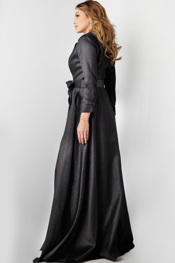 Model wearing Black A Line Three Quarter Sleeve Gown 23179