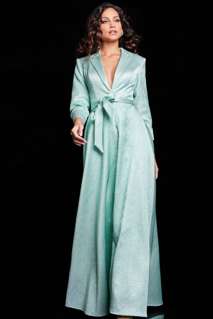 Model wearing Green V Neckline Evening Dress 23179