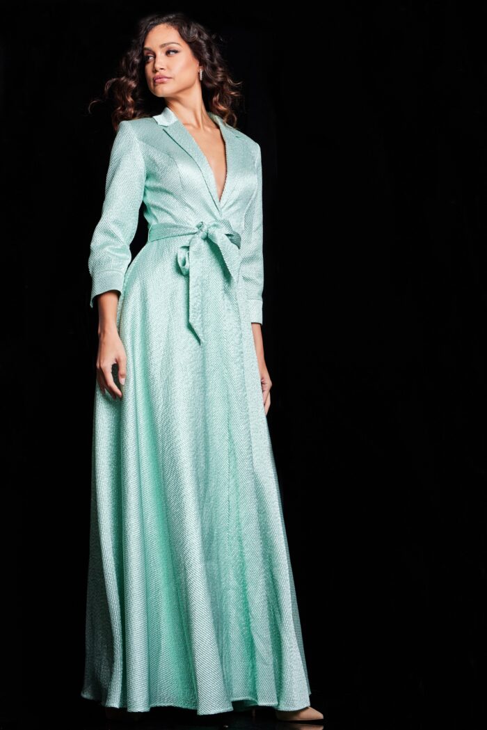 Model wearing Green V Neckline Evening Dress 23179