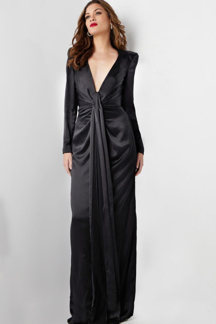 Model wearing Black Sheath Low V Neck Formal Dress 23180