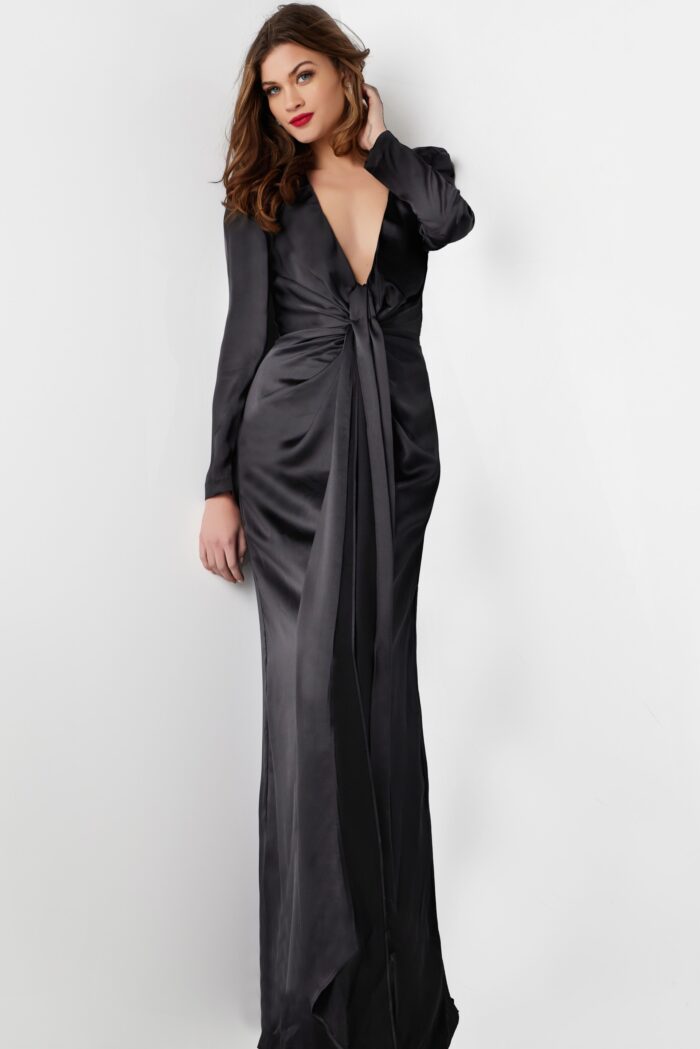 Model wearing Black Sheath Low V Neck Formal Dress 23180