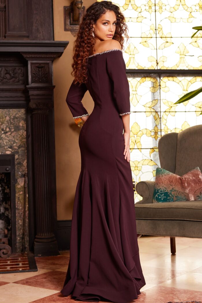Model wearing Jovani 23190 Plum Fitted Three Quarter Sleeve Evening Gown