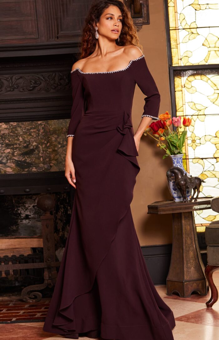 Model wearing Jovani 23190 Plum Fitted Three Quarter Sleeve Evening Gown