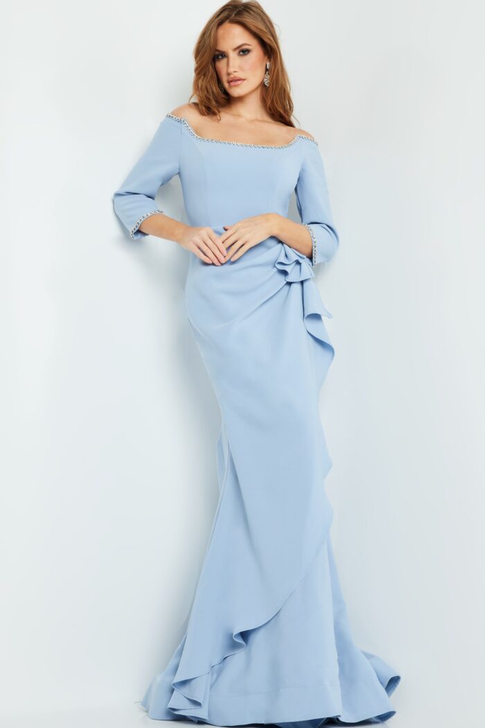 Model wearing Light Blue Off the Shoulder Beaded Dress 23190