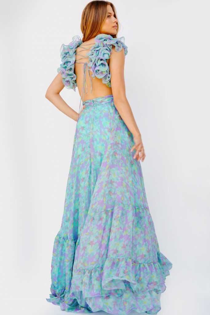 Jovani 23320 Print Ruffle Shoulders Maxi Dress