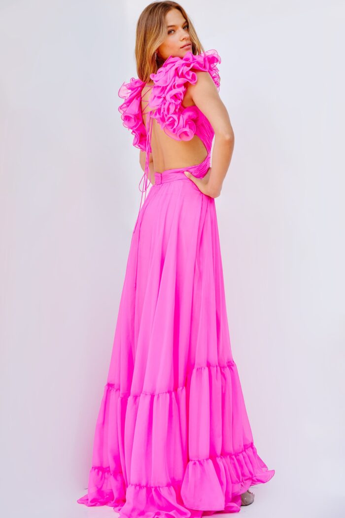 Model wearing Jovani 23322 Hot Pink Pleated Maxi Chiffon Dress