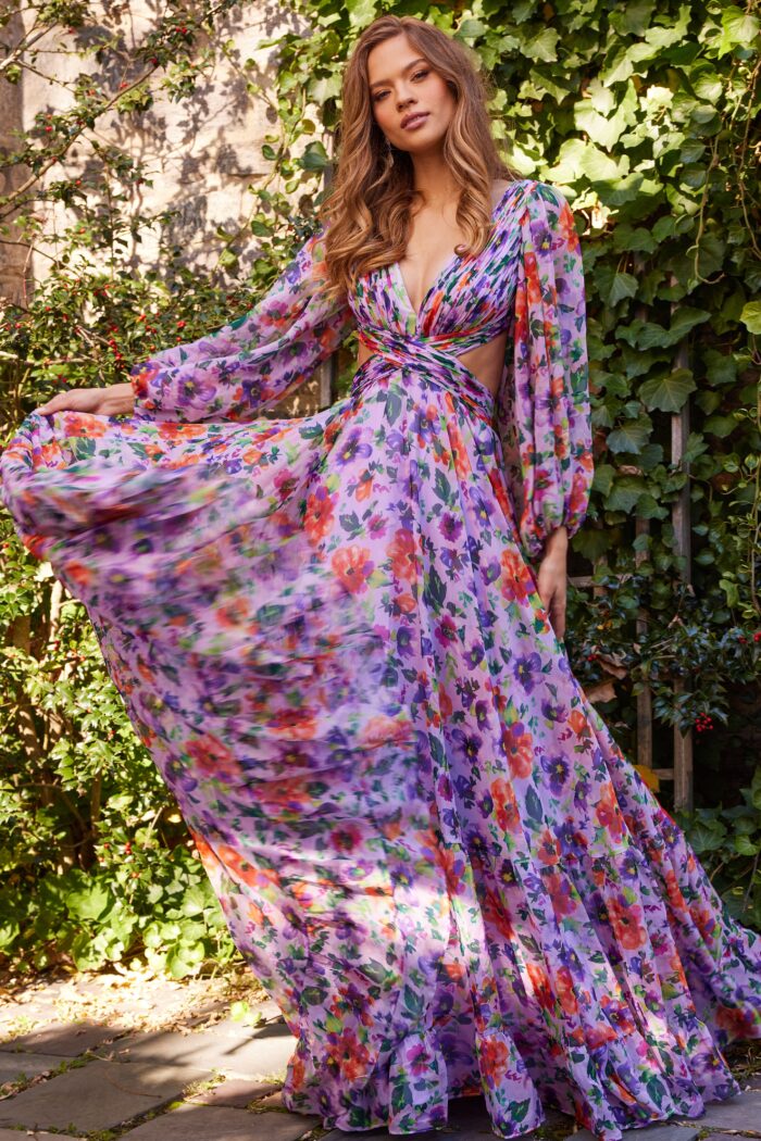 Model wearing Jovani 23324 Floral Print Low V Neck Maxi Dress