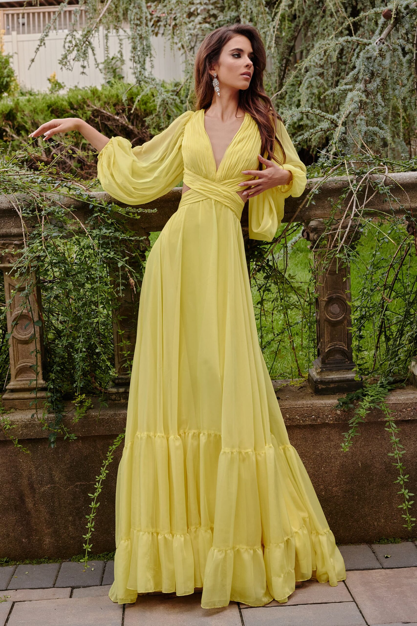 Jovani 23325 Yellow Long Sleeve Maxi Dress