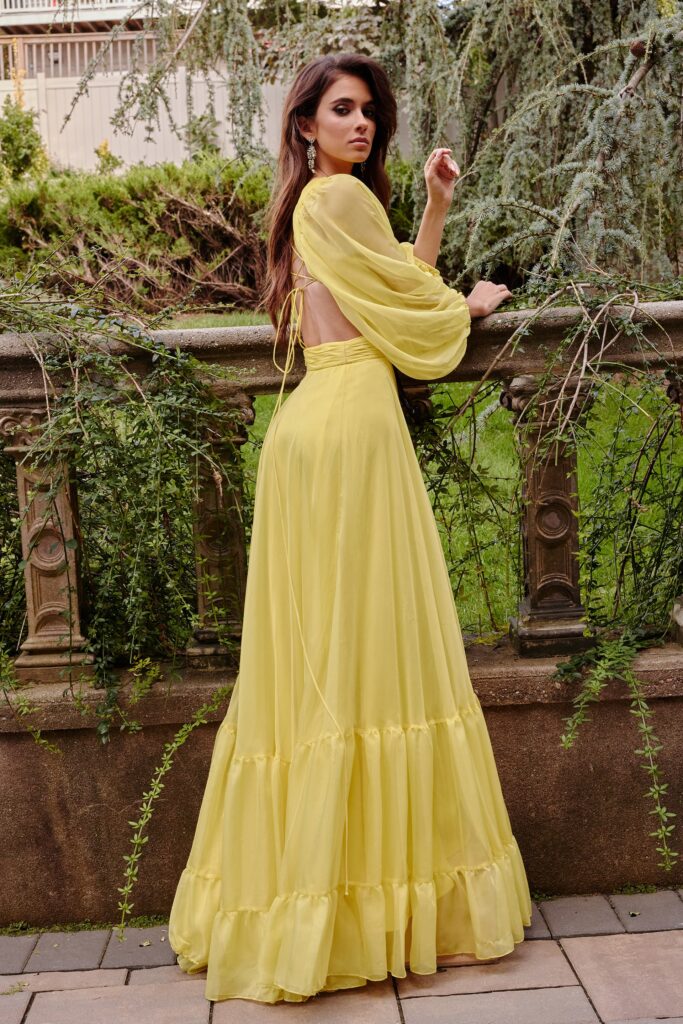 Jovani 23325 Yellow Long Sleeve Maxi Dress