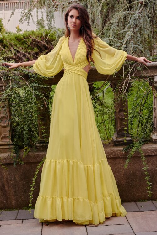 Model wearing Jovani 23325 Yellow Long Sleeve Maxi Dress