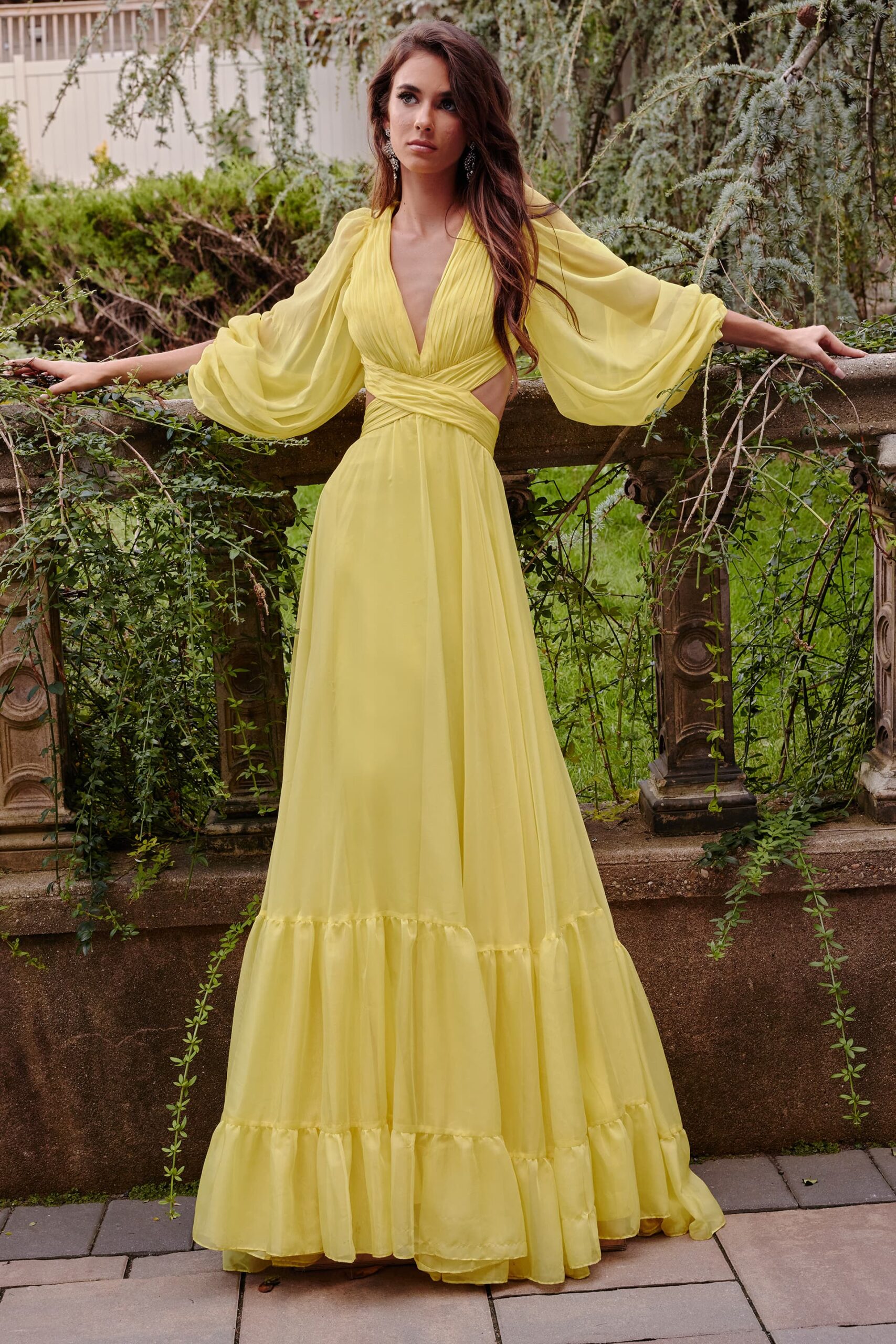 Jovani 23325 Yellow Long Sleeve Maxi Dress