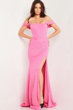 Model featuring Jovani 23366 pink gown with high slit and fitted bodice, front view