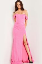 Model wearing Jovani 23366 full-length pink gown with elegant off-the-shoulder neckline, front view