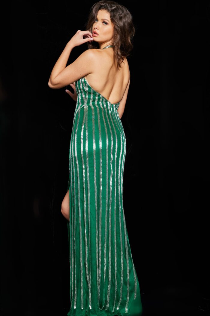 Model wearing Green Embellished V Halter Neckline Gown