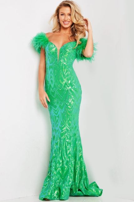 Model wearing Jovani 23383 green dress with feathered sleeves, front view.