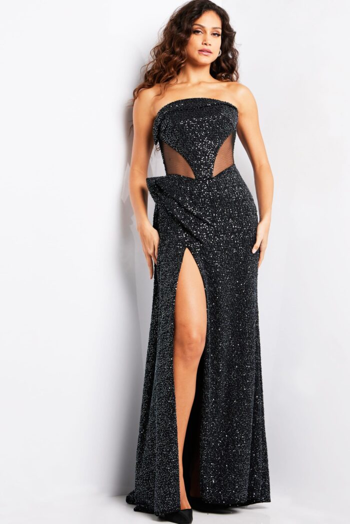 Model wearing Black High Slit Strapless Gown 23388