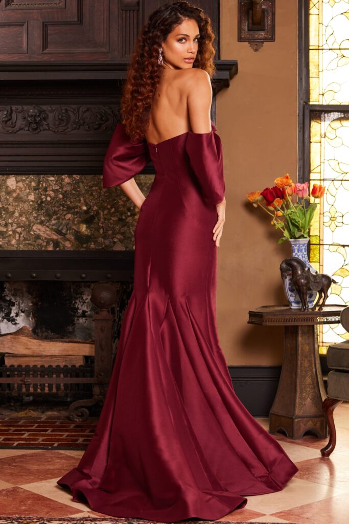 Jovani 23398 Burgundy Off the Shoulder Mermaid Evening Dress