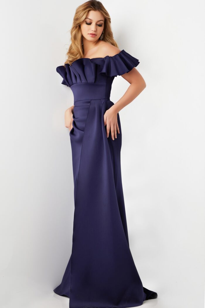 Model wearing Navy Off the Shoulder High Slit Gown 23402