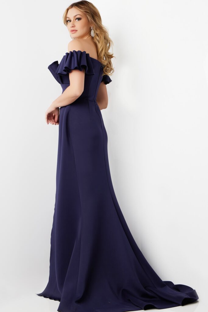 Navy Off the Shoulder High Slit Gown 23402