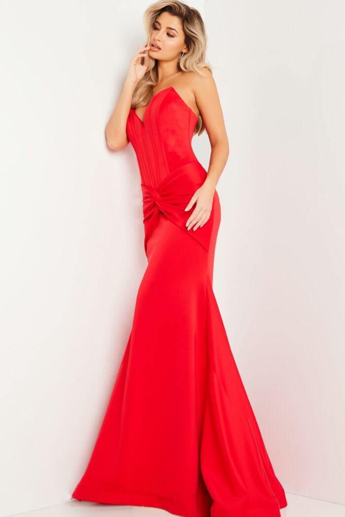 Model wearing Red Strapless V Neckline Dress 23556