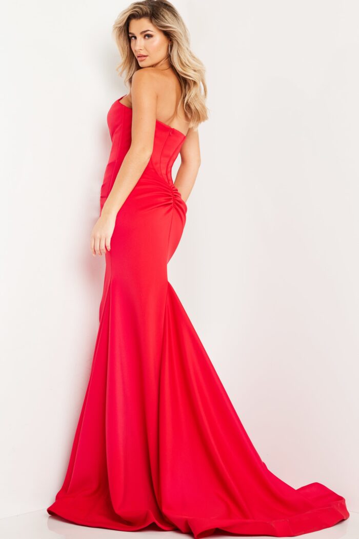 Model wearing Red Strapless V Neckline Dress 23556