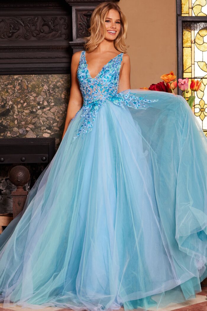 Model wearing Jovani 23577 Blue Floral Embroidered Bodice Ballgown