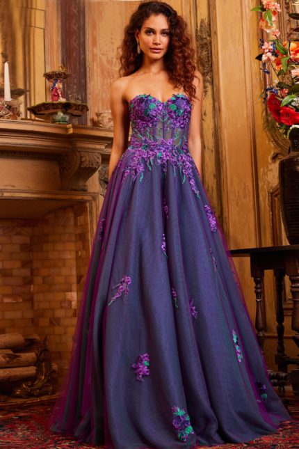 Model wearing Jovani 23578 in purple with floral embroidery front view