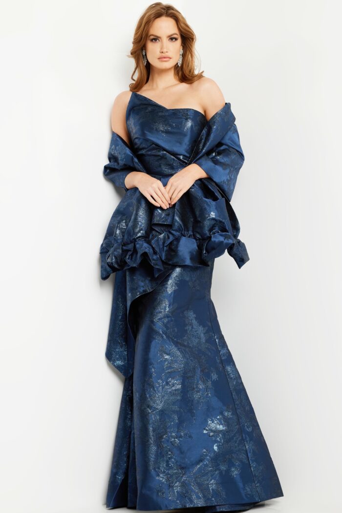 Model wearing Navy Peplum Mermaid Gown 23624