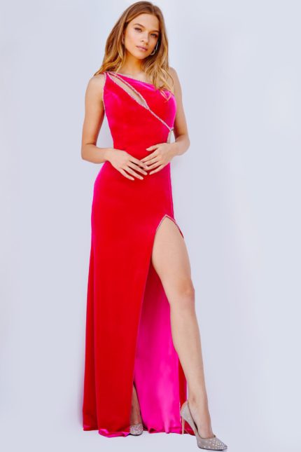 Model wearing Jovani 23627 hot pink gown with high slit and asymmetric neckline