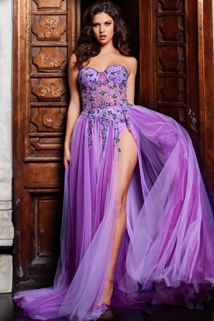 Model wearing Lilac Embellished Tulle Gown 23709