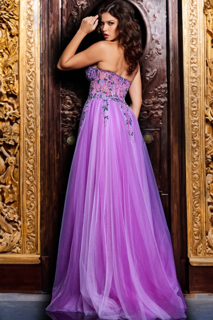 Model wearing Lilac Embellished Tulle Gown 23709