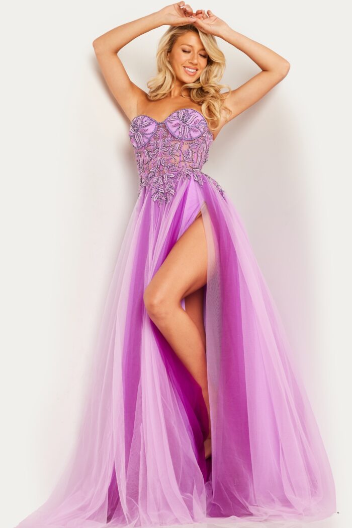 Model wearing Lilac Embellished High Slit Dress 23710