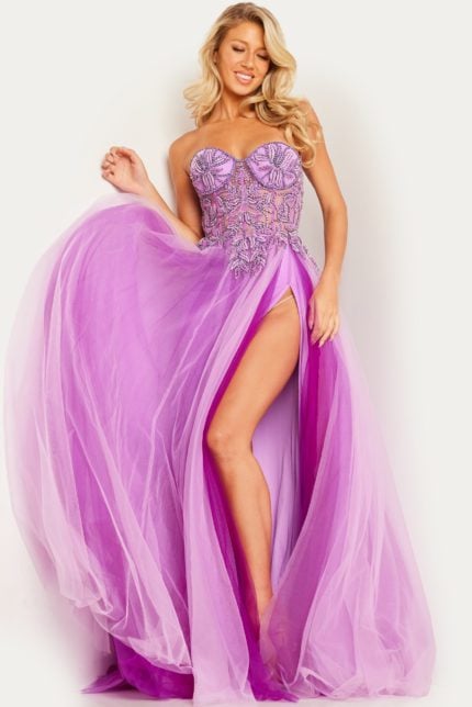 Model wearing Jovani 23710 lilac gown with sweetheart neckline and high slit, front view.