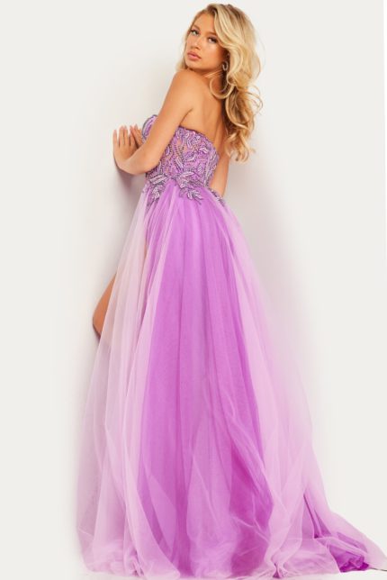 Model wearing Jovani 23710 lilac gown, showcasing the back design.