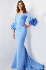 Model wearing Jovani 23716 light blue gown, front view with floral sleeves