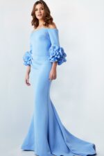 Model wearing Jovani 23716 light blue dress, full length front view