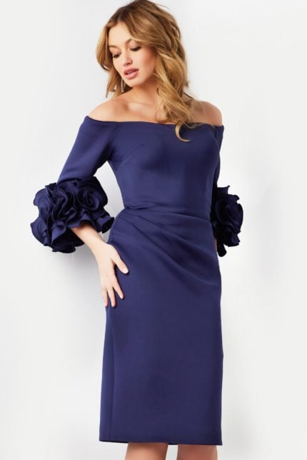 Model wearing Jovani 23717 navy dress, side view showcasing floral sleeves