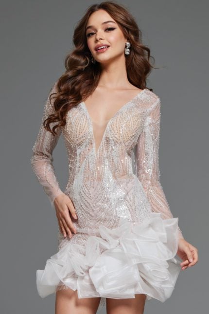 Model wearing Jovani 23727 off-white mini dress, front view with beadwork and ruffled hem.