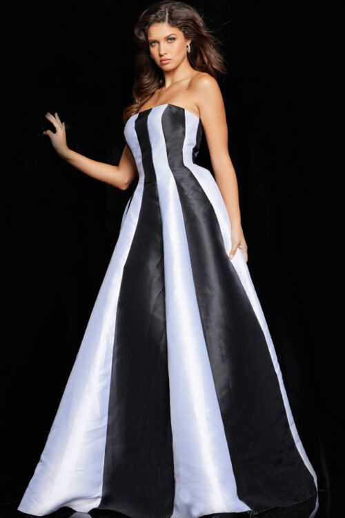 Model wearing Black Ivory Strapless A Line Gown 23728