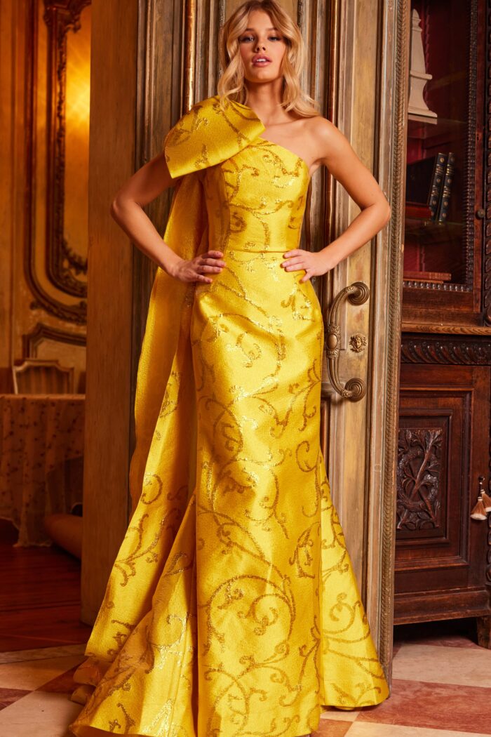Model wearing Jovani 23742 Yellow One Shoulder Mermaid Gown