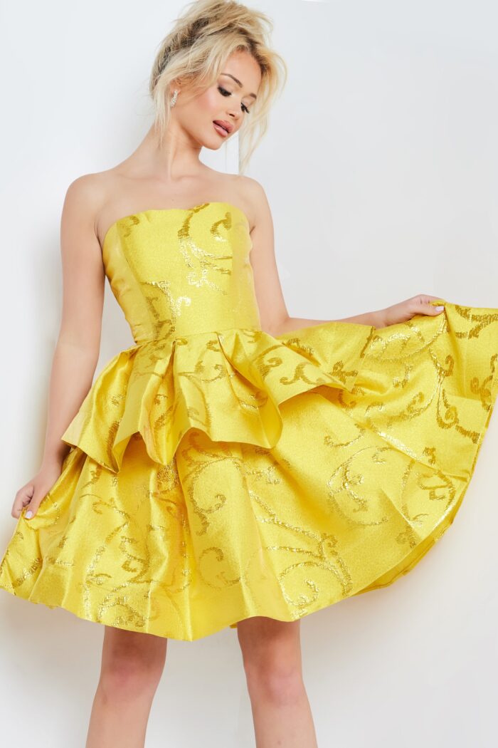 Model wearing Yellow Fit and Flare Short Dress 23743