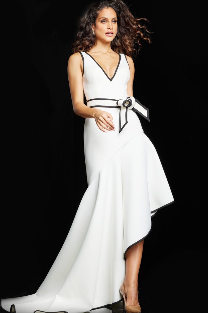 Model wearing White Black High Low V Neck Dress 23762