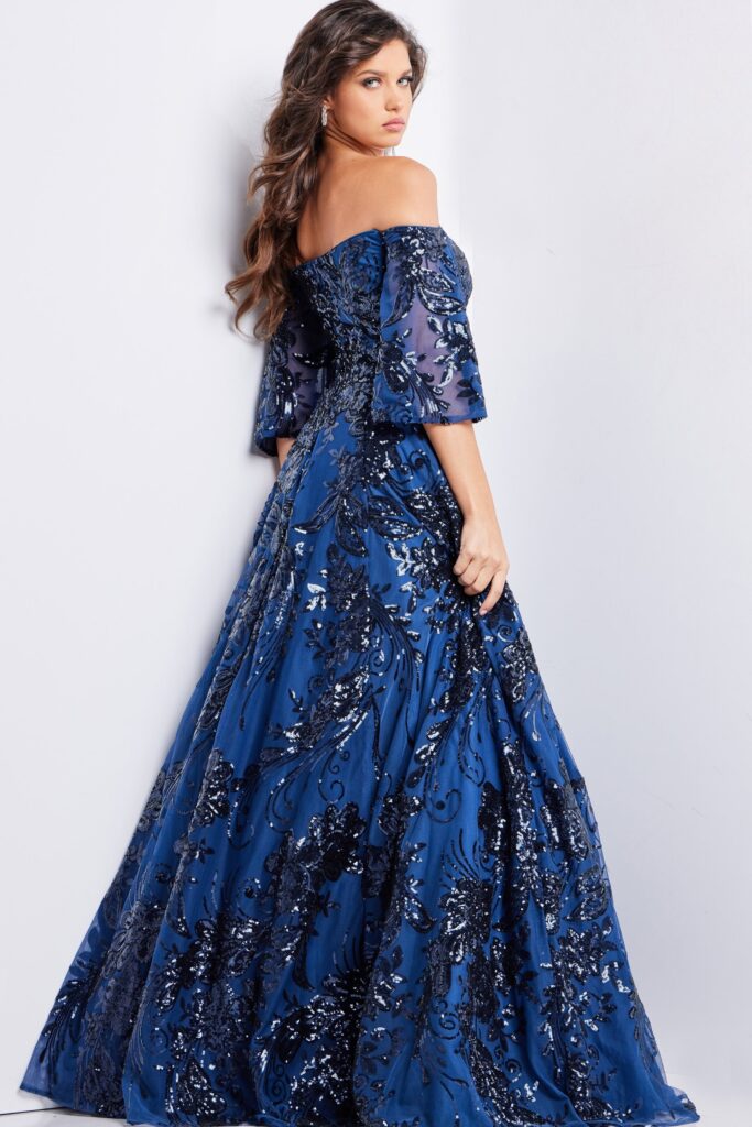 Navy Off the Shoulder Embellished Gown 23765