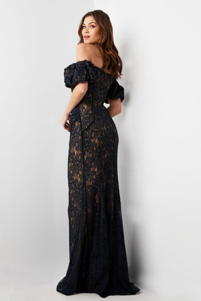 Dark Navy Short Sleeve Lace Formal Dress 23813